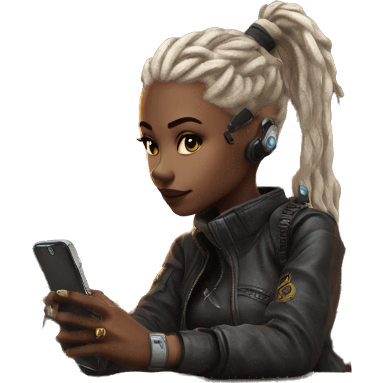 Cyberpunk girl with the phone in coffee shop with iced latte emoji