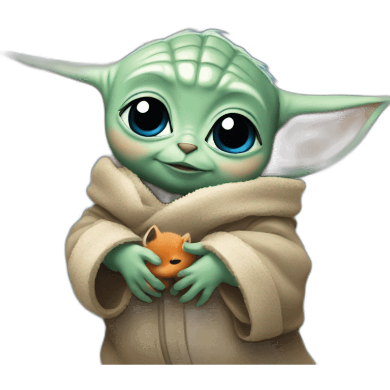 baby Yoda hugging little fox with blue eyes emoji