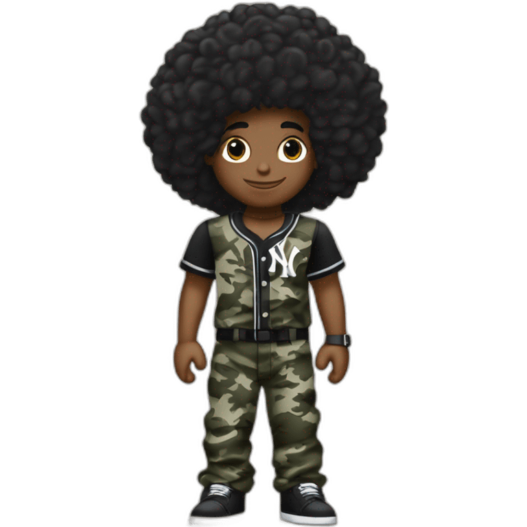 Crea un muchacho rockero, con pantalón camuflageado y una playera negra de NY yankees, con cabello tipo afro , brazos tatuados y un letrero que diga tichobboy emoji