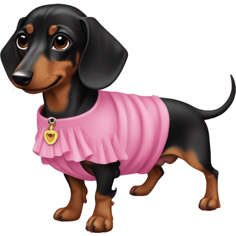 black and tan dachshund wearing a pink dress emoji