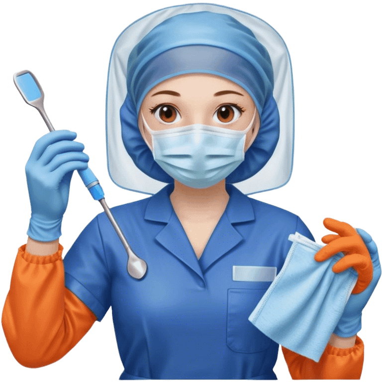 A meticulous cleanroom worker dressed in full protective gear, including a blue sterile suit, a face mask, a hairnet, and orange gloves.  wipe  in her hand. emoji