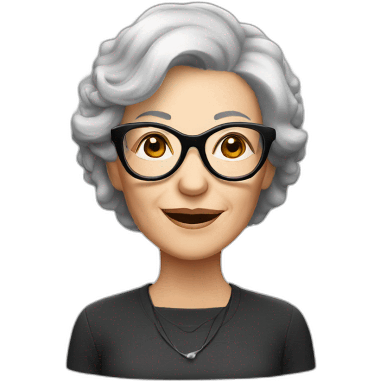 Older white woman with black and grey hair and black round glasses emoji