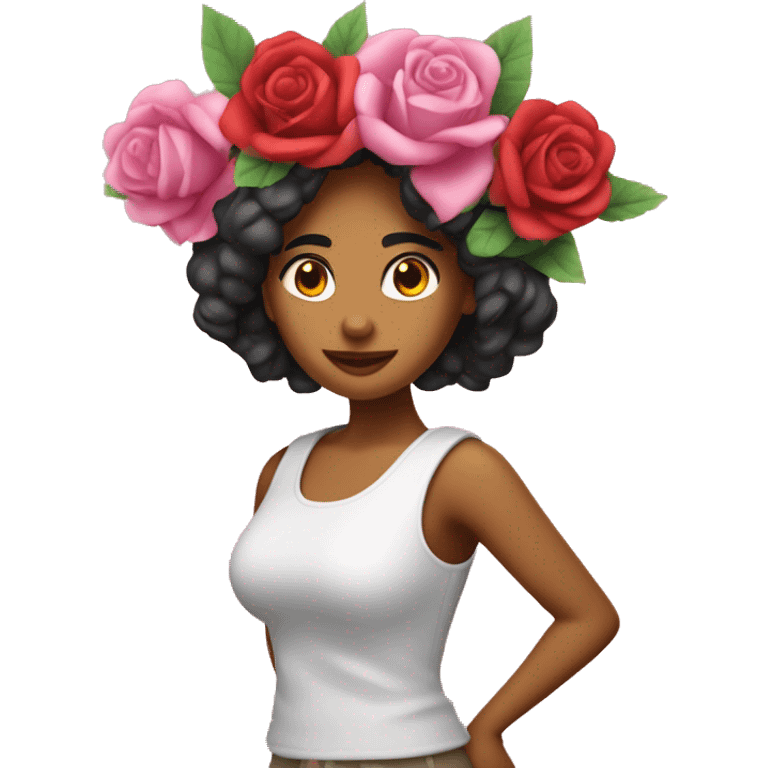 chica latina con ramo de rosas envueltas en papel coreao emoji