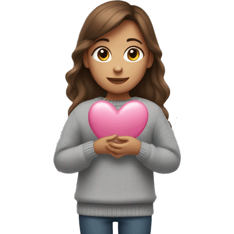 A girl with brown hair in a gray sweater holds a pink heart in her hands emoji