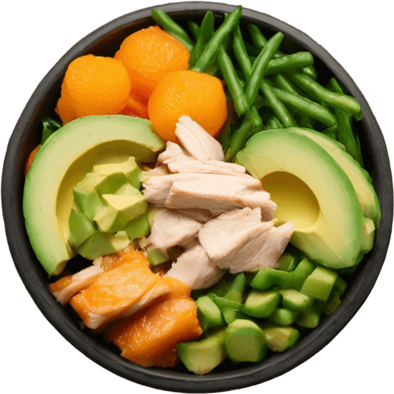 Poke bowl with chicken, cut avocados, mandarins, cucumbers and green beans; side view emoji