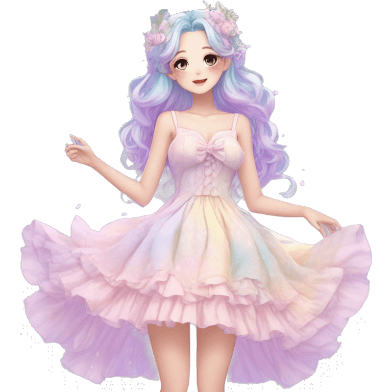 gorgeous pretty attractive anime lady beautiful pastel-gradient hair with a gorgeous dress fairycore cottagecore pastelcore detailed high quality trending VOGUE aesthetic full body emoji