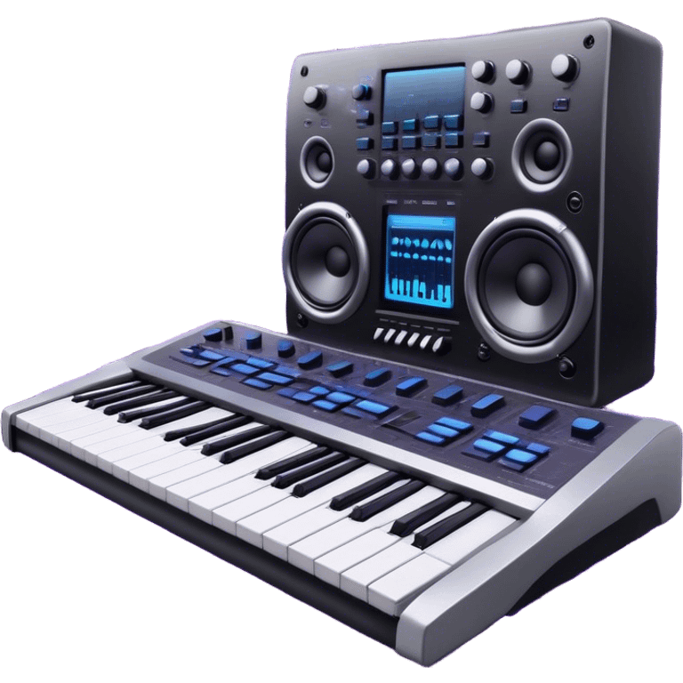 Create a professional and artistic emoji that represents sound design. The design should feature essential sound design equipment, including a high-end Korg synthesizer, a sound mixing console with visible wires, large studio speakers, and a microphone. Surround the equipment with flowing, abstract sound waves and musical notes to symbolize the fluid, creative nature of sound design. Add subtle effects like glowing sound frequencies or swirling patterns to represent the dynamic manipulation of sound. Use sleek, modern colors like black, silver, neon blue, and purple to evoke a sense of innovation and artistic exploration. The background should be transparent. emoji