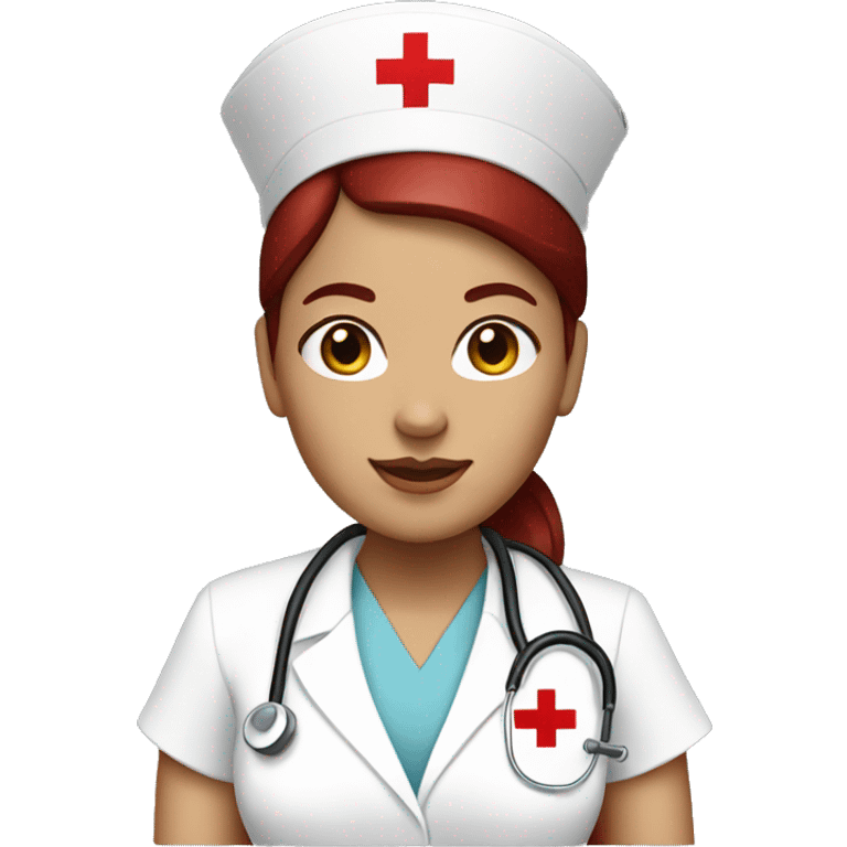 nurse with dark red hair in a bun and white hat with red cross emoji