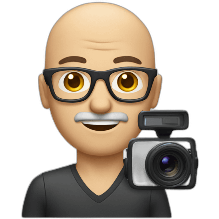 man without hair, a mustache and large glasses holding a video camera emoji