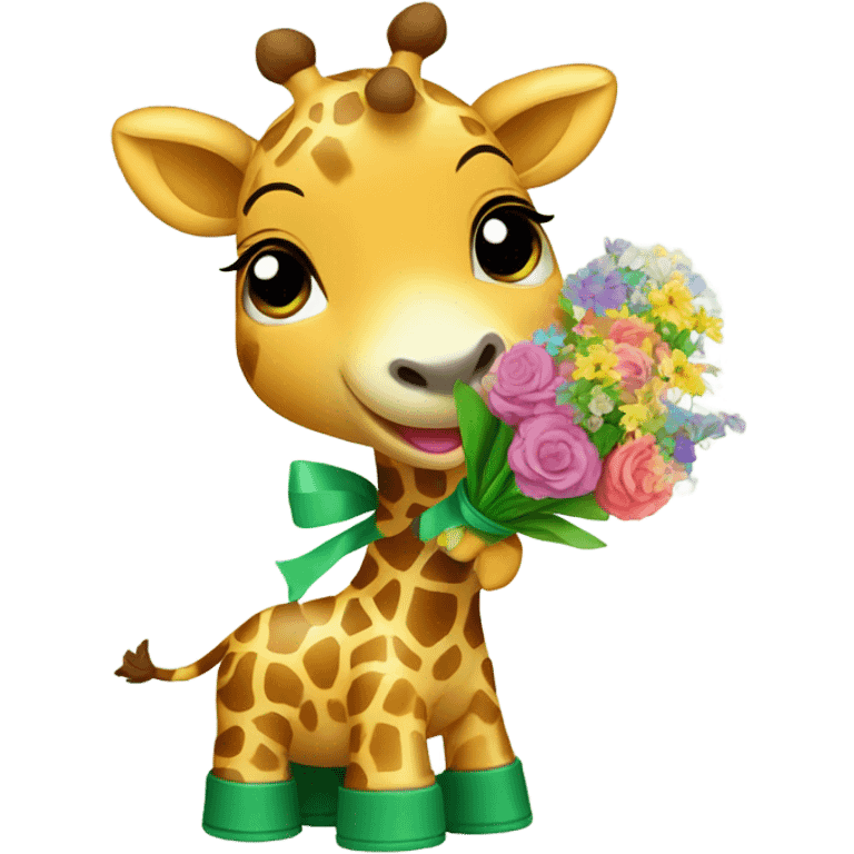 baby giraffe wearing green wellies holding a bouquet of flowers  emoji