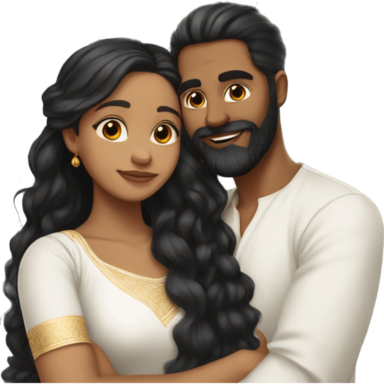 Light skin;Black long hair girl  in a white saree hugging with a man with black beard and hair on top emoji