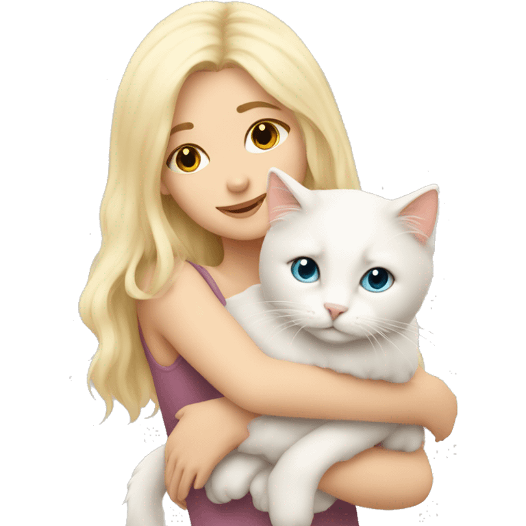 Blonde girl snuggling fluffy white cat emoji