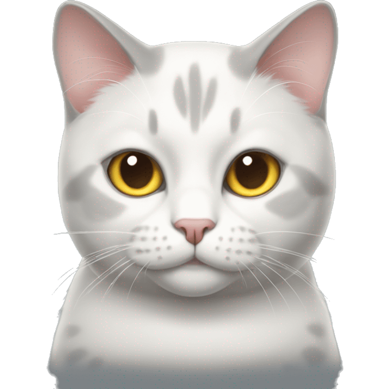 white-gray cat, with the letter M on his forehead, fat emoji