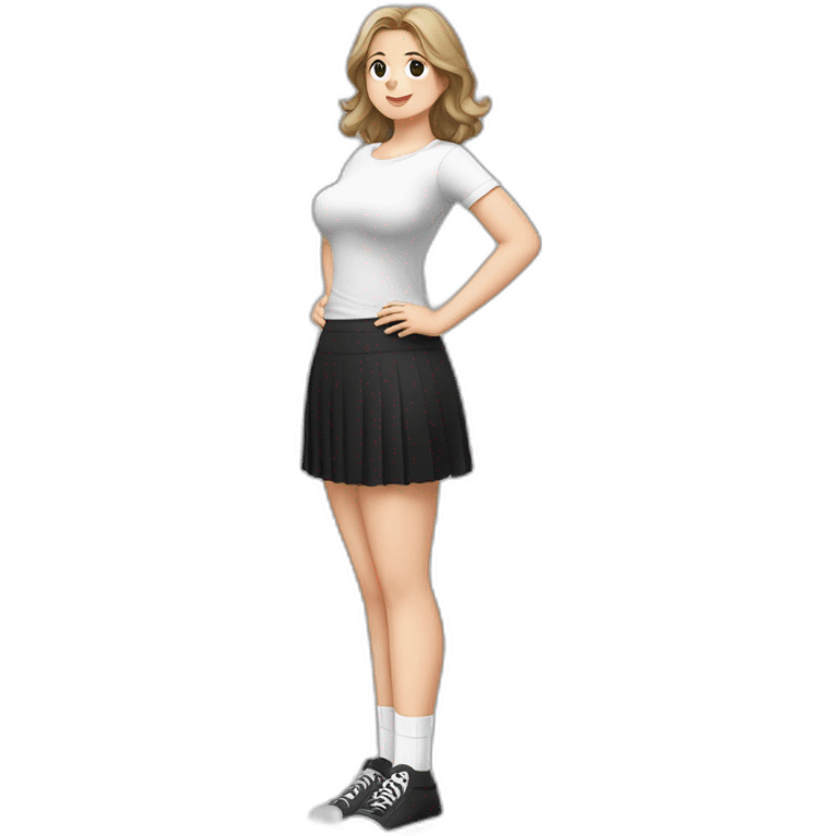 Front view full body curvy caucasian beauty sitting straight hands up black skirt white knickers white socks emoji