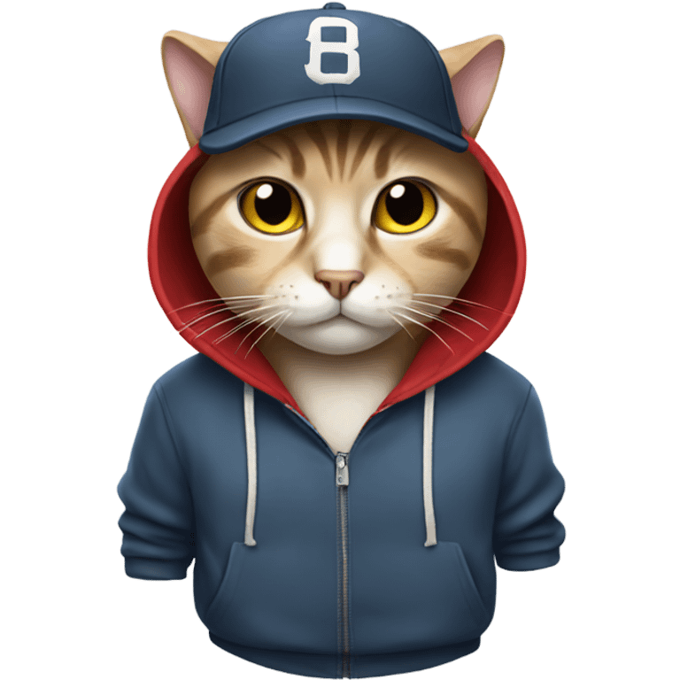 Cat wearing a hoodie and a baseball cap emoji