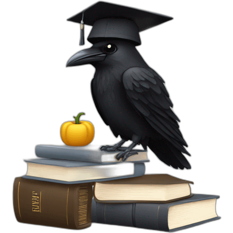 raven in student cap with a stack of gray and brown books emoji