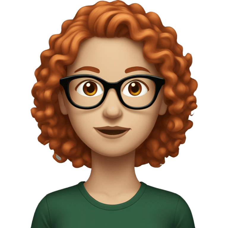 white girl in a black t-shirt with curly red hair, in dark green framed glasses  emoji