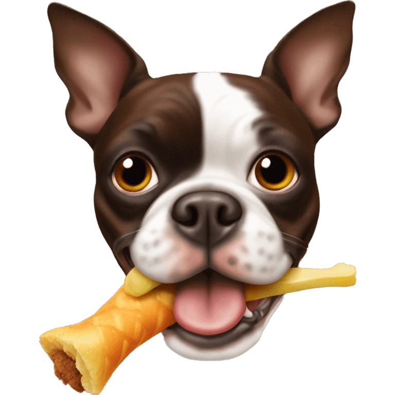 Brown Boston terrier with rubber chicken in mouth emoji