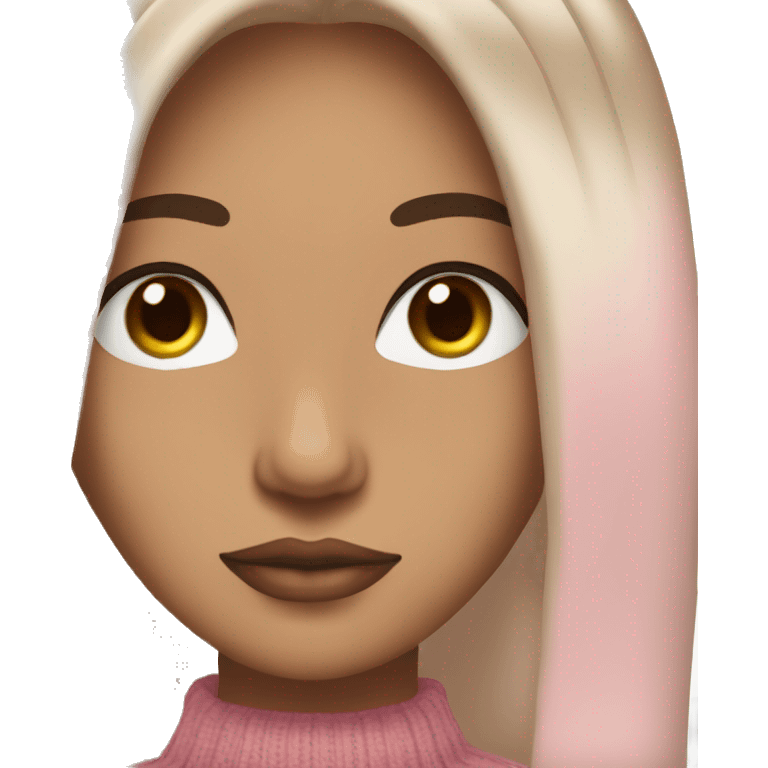 fair skin, dark straight hair, brown sweater, brown eyes, pink lips, long eyelashes emoji