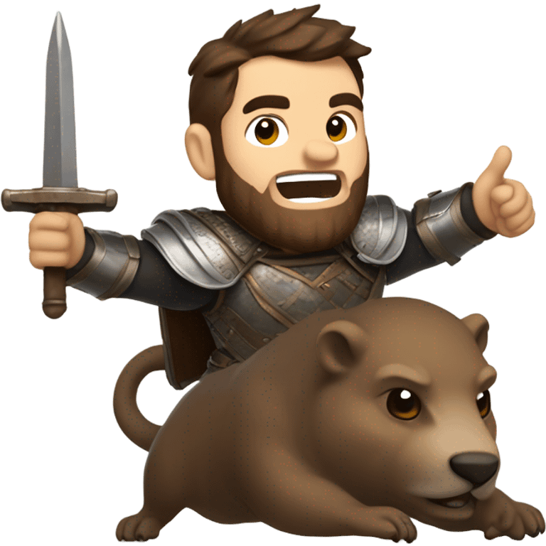 Confident armored White Man with dark brown hair and a short beard pointing forward with one arm holding a sword and yelling a battle charge while riding on the back of a giant groundhog emoji