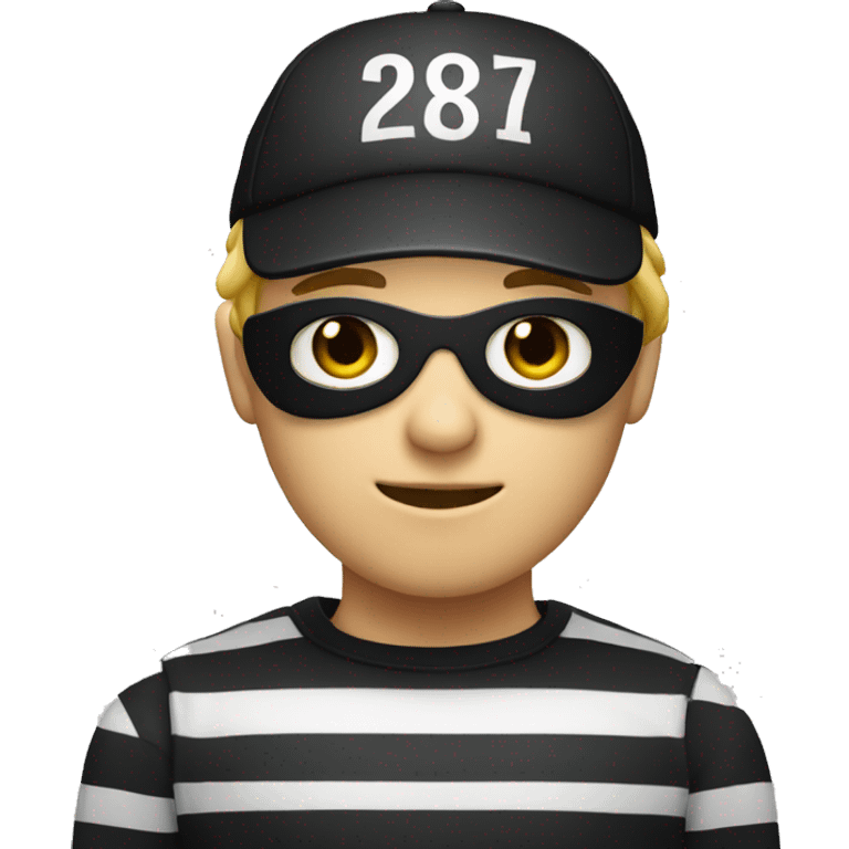 Robber emoji with blonde hair white and black striped shirt wearing a black cap a black eye mask  emoji