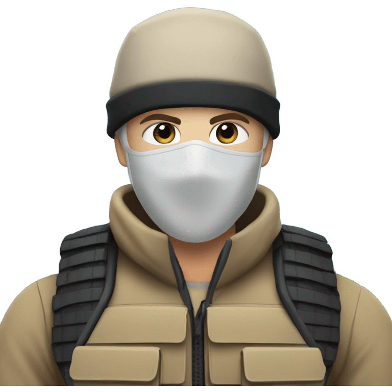 White male, face mask, tan tactical gear, combat boots, black beanie, blue eyes emoji