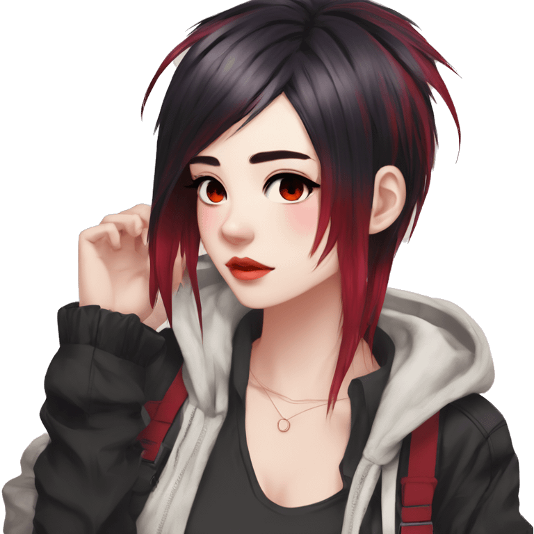 Gorgeous anime style tomboy-lady with blushing face aesthetic and pretty edgy black red punk hair with hair garment trending style emoji