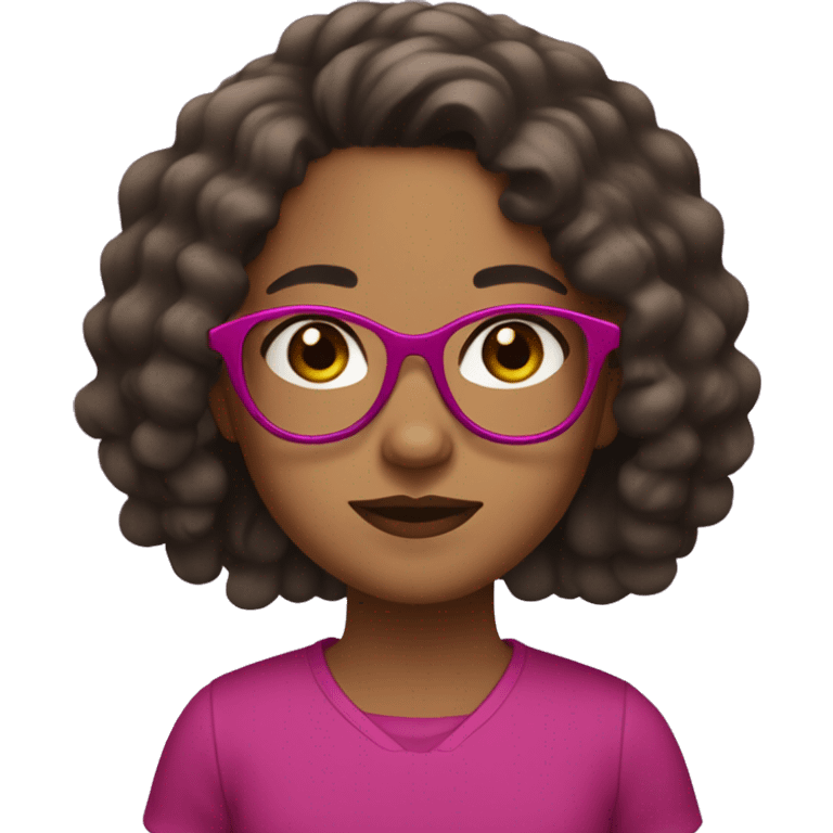 Girl with long curly black hair and brown skin and dark brown eye color and small fuchsia round glasses  emoji