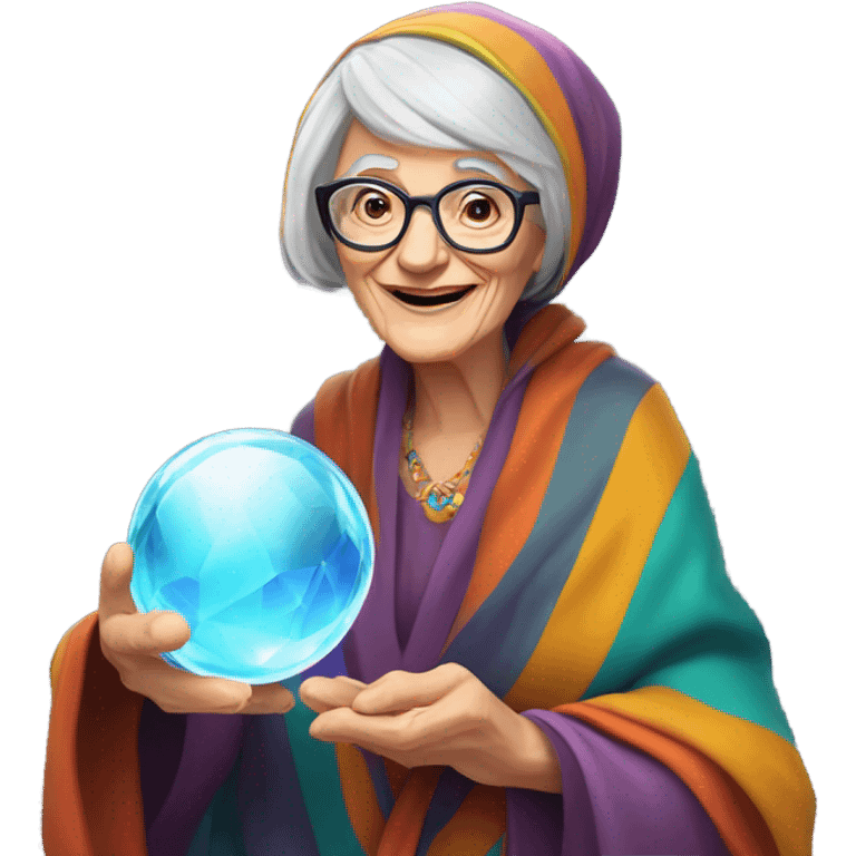 Wise Old Lady Fortune teller with crystal ball looking into the camera smiling emoji