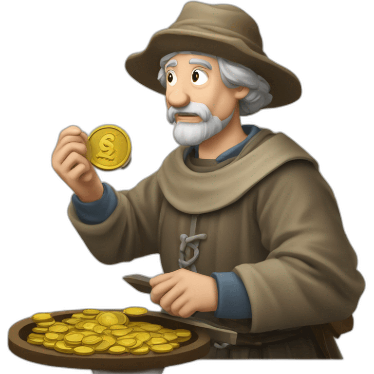 old and experienced coin engraver yielding a coin, medieval age emoji