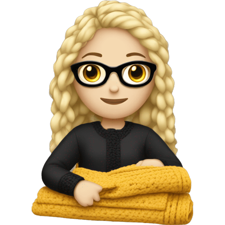 A blonde hair girl with black glasses crocheting a blanket emoji