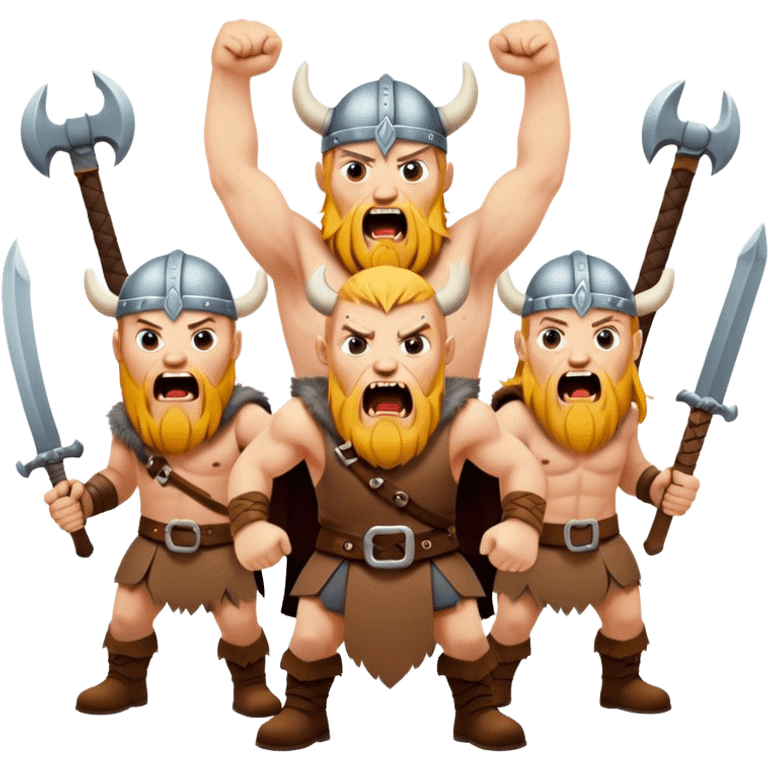 three different vikings scream, weapons in their hands, realistic emoji