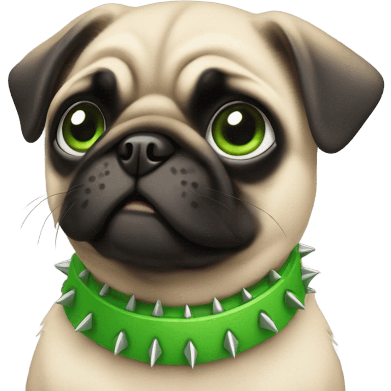 Baby pug with big green eyes and spikey green collar  emoji