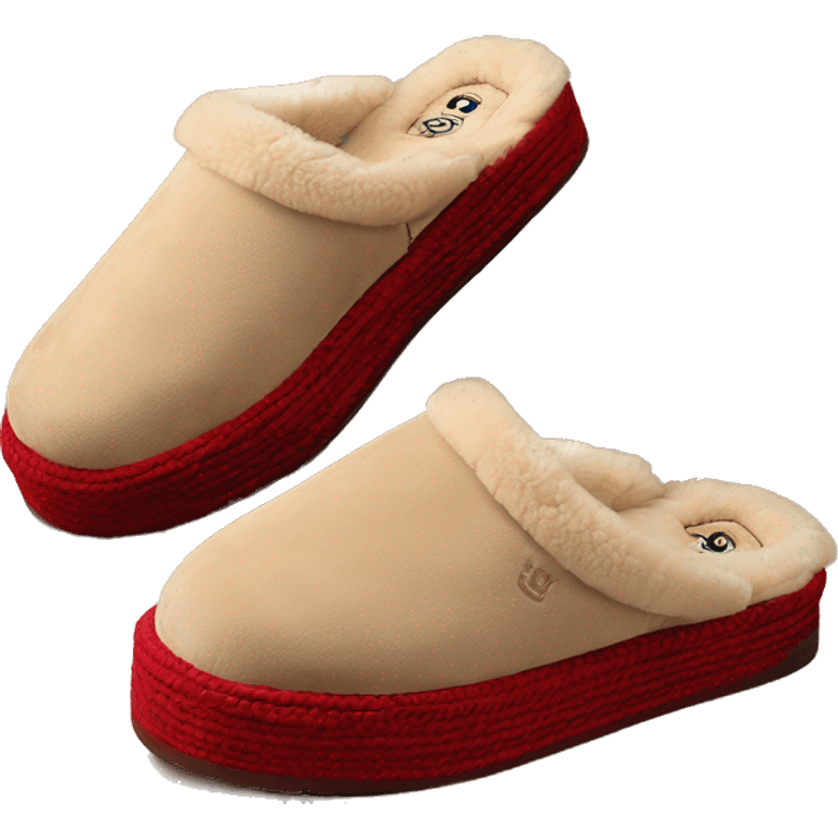 Camel slip-on slippers. thin red woven bohem zig-zag trim on the cuff, and a thick platform sole. “UGG” emoji