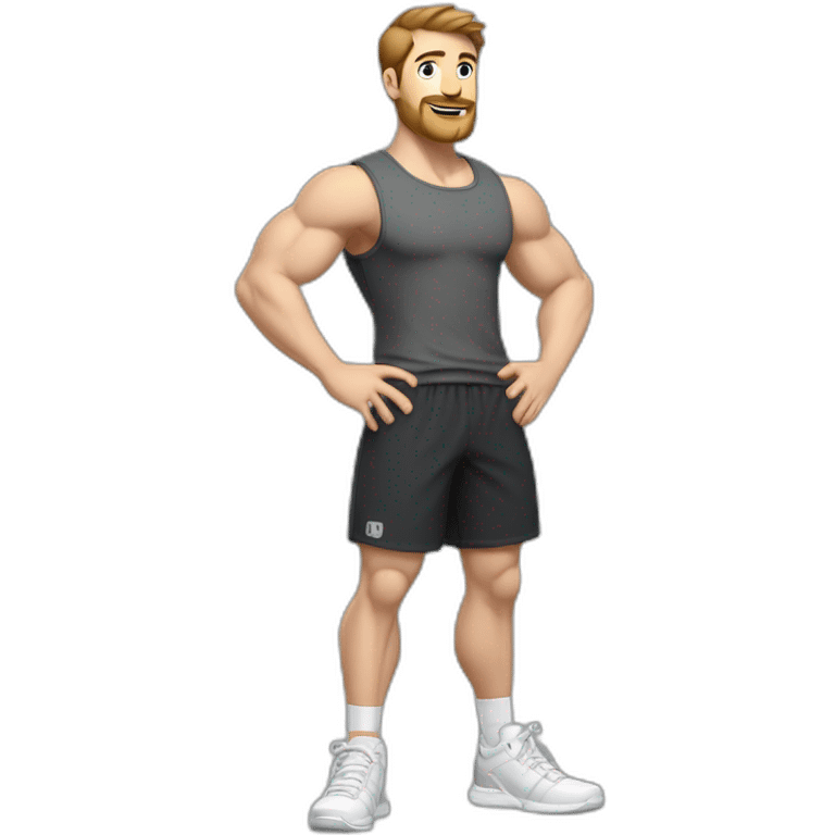 Full height Actively gesturing with hands Pale skinned Fit Man With the biceps and brown hair in dark gray Sleeveless Mike, black oversize sports shorts and white Sneakers emoji