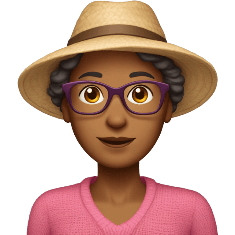 55-year-old Dutch woman with dark red colored short hair, pink sweater and brown glasses wearing beach hat emoji