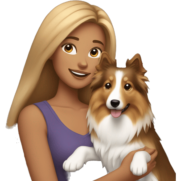 yong woman with light-broun straight hair holds a sable sheltie emoji