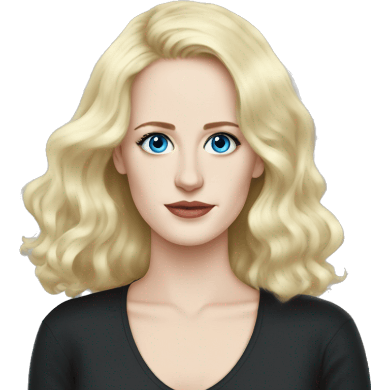 Eva Green with blonde hair, blue eyes, freckles, black shirt emoji