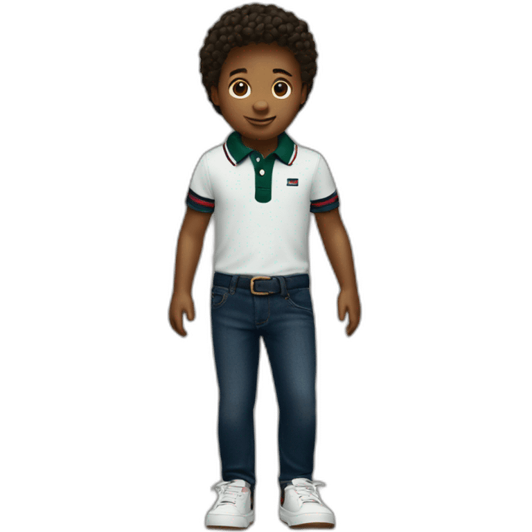 A child with a dark green tommy hilfiger polo with a dark blue jean emoji