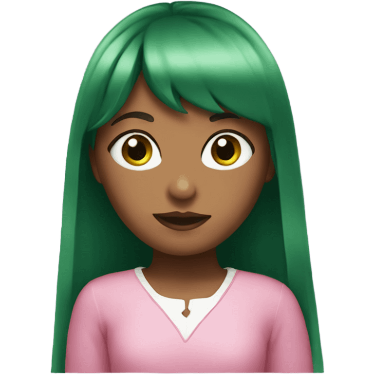 girl with long chocolate hair with bangs and green eyes in pink outfit emoji