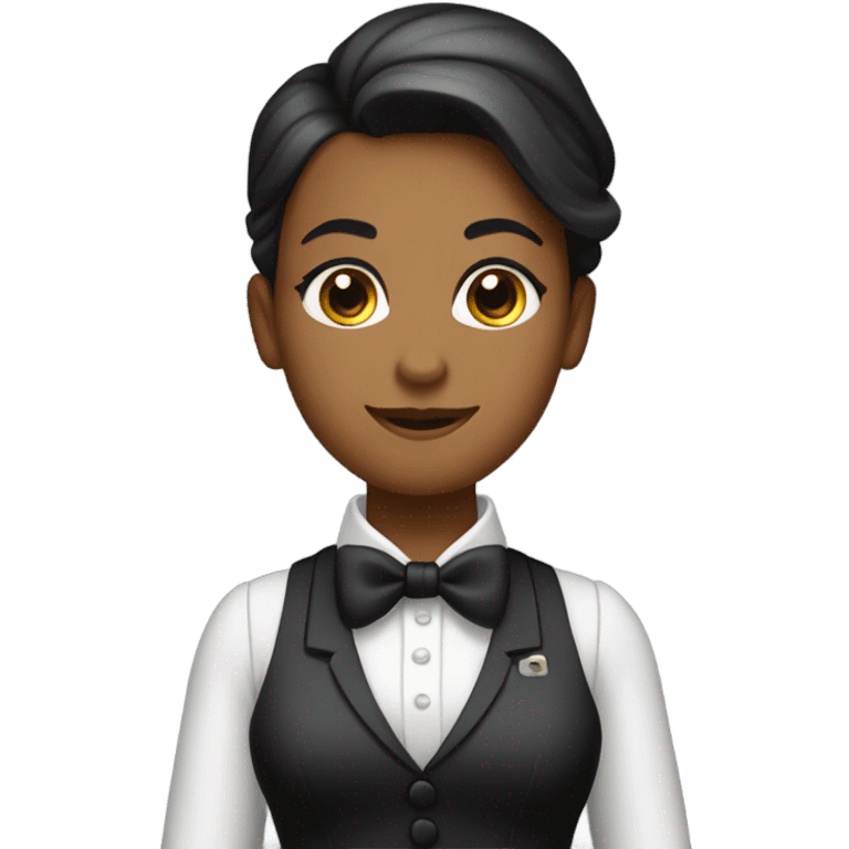 a female butler with a professional and elegant demeanor. She has her hair neatly tied in a ponytail and wears a classic butler uniform, including a tailored vest, crisp white shirt, and bow tie. emoji