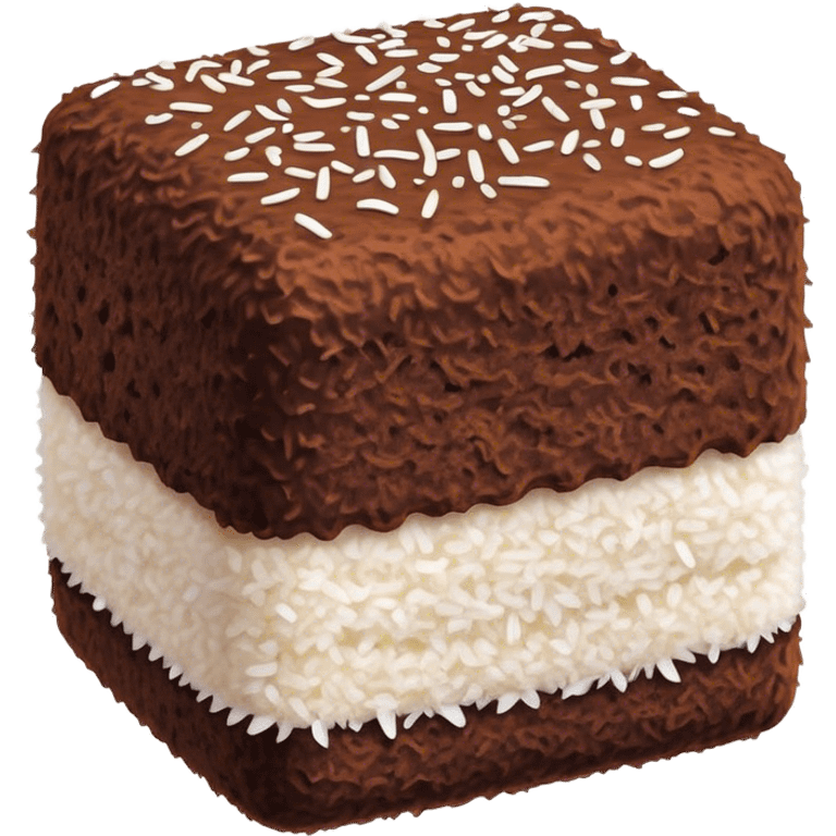 Cinematic Realistic Lamingtons Dessert Emoji, depicted as soft sponge squares coated in chocolate and coconut rendered with mouth‚Äêwatering detail and vibrant lighting. emoji