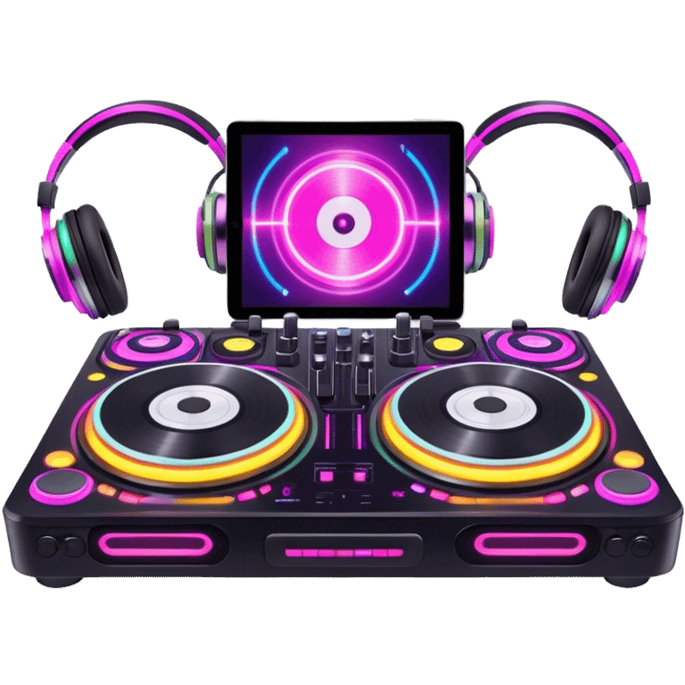 Create a dynamic and modern emoji that represents electronic music and DJing. The design should feature a DJ controller with two vinyl turntables, DJ headphones, and glowing sound waves or a waveform to symbolize the energy of mixing and electronic beats. Use vibrant neon colors like electric blue, neon pink, or green to represent the futuristic and pulsating nature of electronic music. Add subtle details of flashing lights or abstract patterns to evoke the nightclub or festival atmosphere. The background should be transparent. emoji