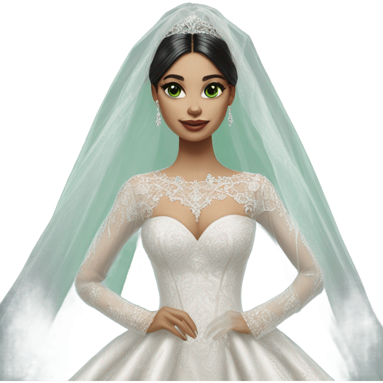 Hyper Realistic ornate ballgown long sleeve Wedding dress with diamanté on Russian bride with pale skin and green eyes and long black hair with veil hyper realistic  emoji