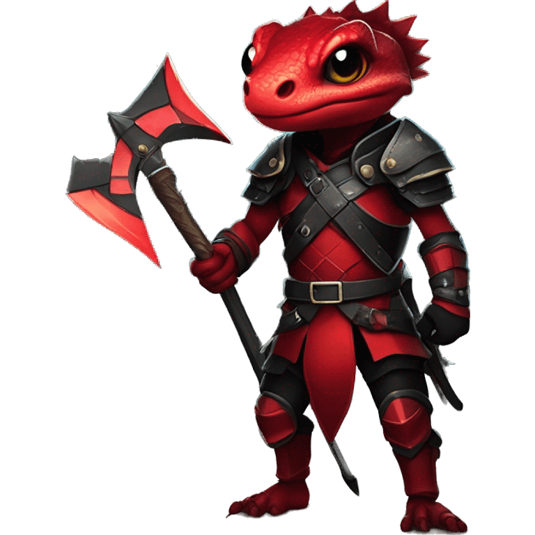 A cute anime styled lizard warrior in red and black armor, holding a battleaxe, in a night time forest path with fireflies emoji