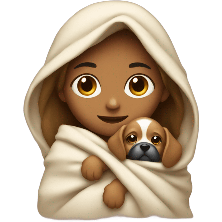 Girl holding a puppy warring a blanket emoji