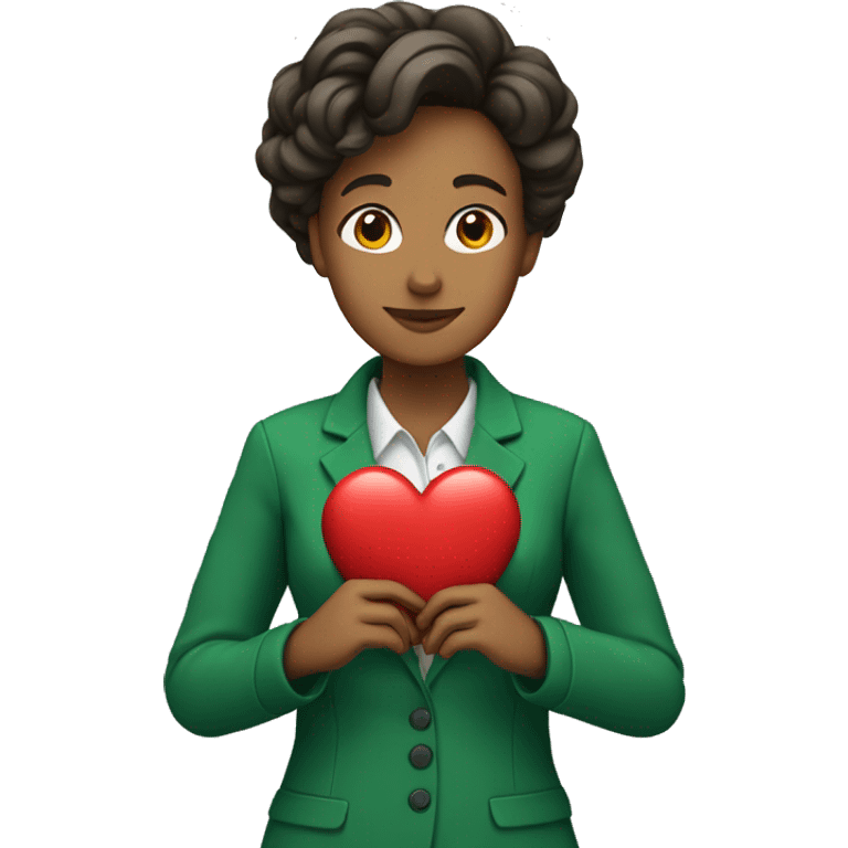 A female teacher in a green jacket holds a heart in her hands emoji