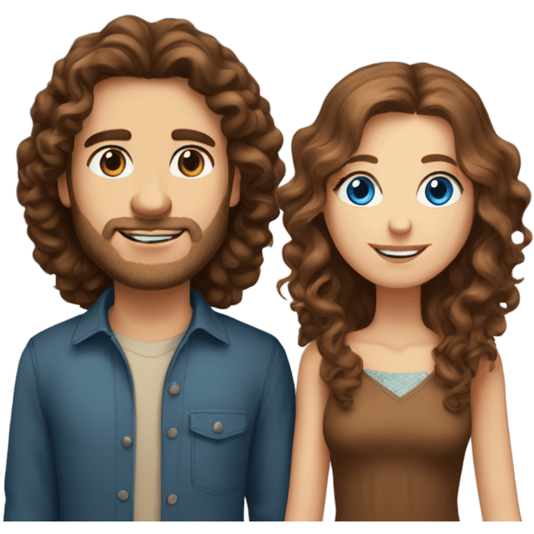 caucasian blue eyed woman with long brown hair holding hands with tall caucasian man with curly brown hair and brown eyes emoji