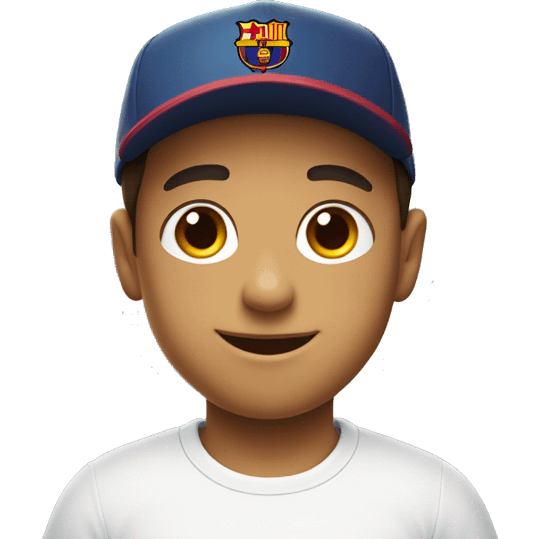 smiling boy in white shirt with Barcelona Cap emoji