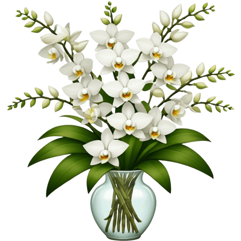 big bouquet white Dendrobium Orchid flower, stem, leaf emoji